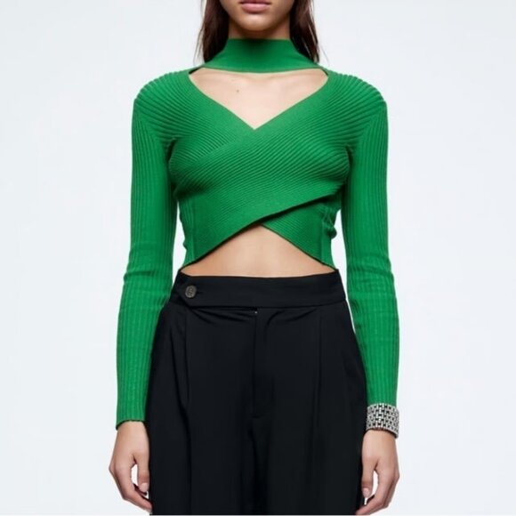 Zara Sweaters - ZARA Ribbed Knit Cut-Out Cropped Sweater Green Wrap Front Women's Size S